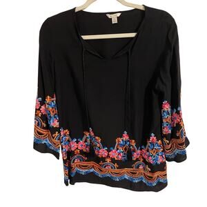 Boutique Black Embroidered Flare Sleeve Shirt Womens size small